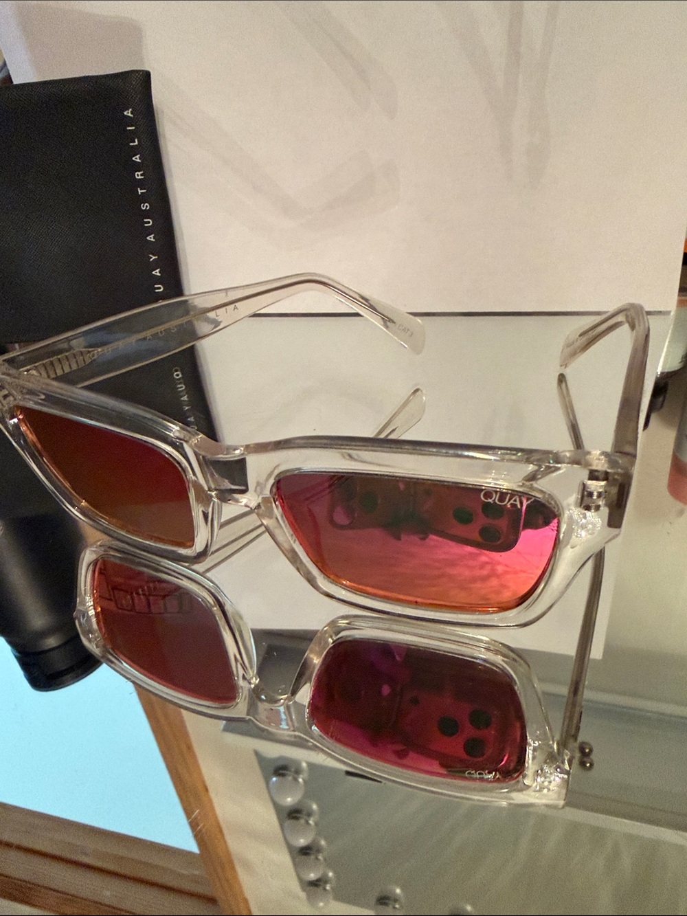 Quay Australia Clear Frame Sunglasses with Pink Mirrored Lenses